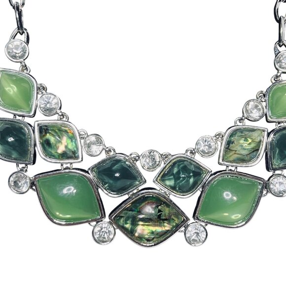 Dana Buchman Silver Tone Bib Necklace With Green Cabochons (6126) - Picture 3 of 8